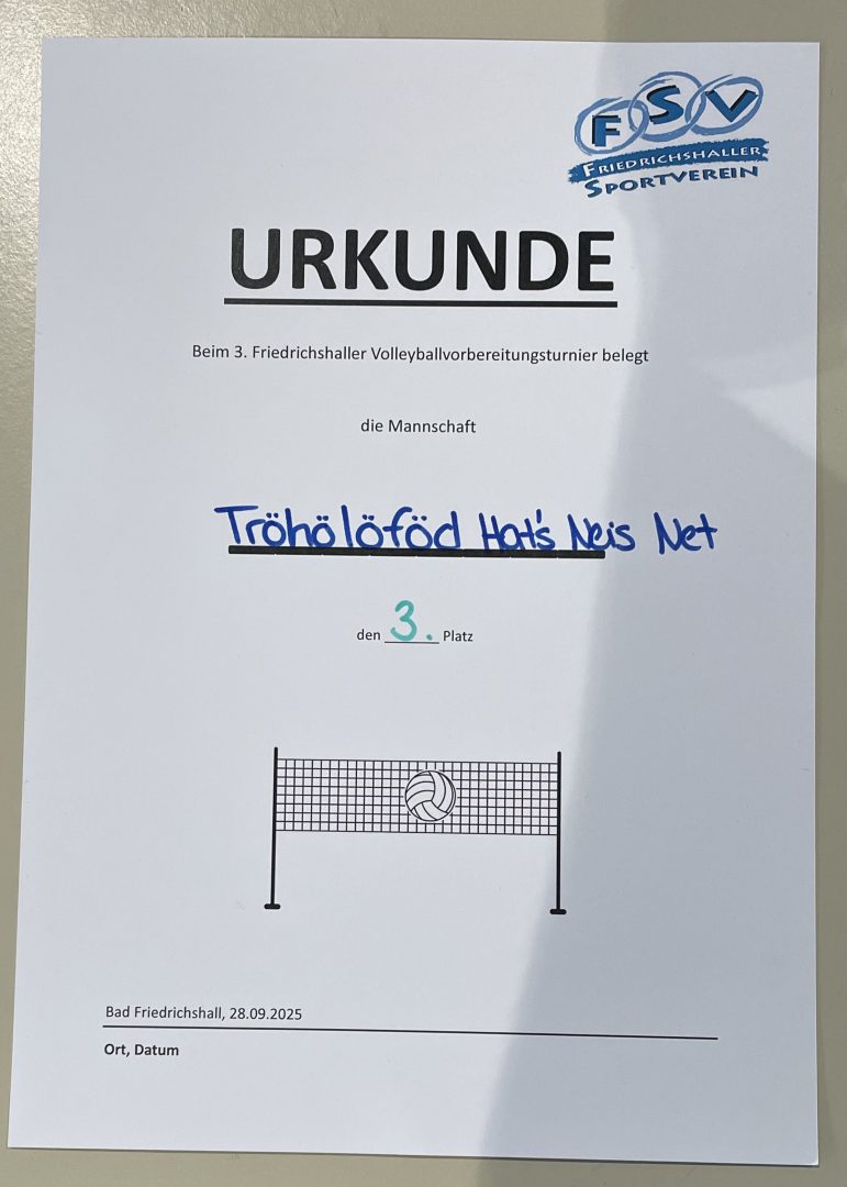 1. Mannschaft Urkunde Turnier in Bad Friedrichshall