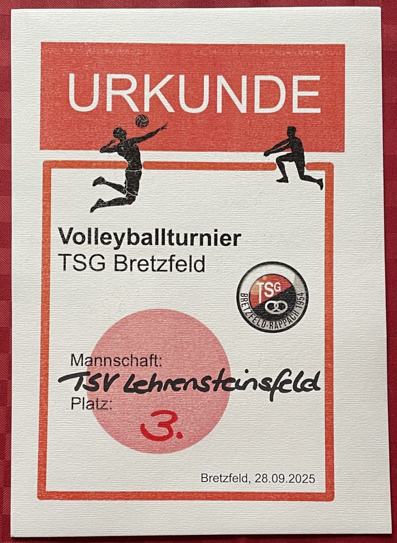 2. Mannschaft Urkunde Turnier in Bretzfeld